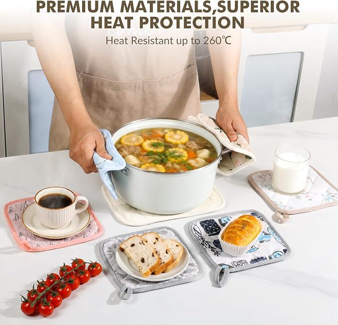 LEEPENK10Piece Pot Holders for Kitchen Heat Resistant,4 Beige Pot Holder with Non-Slip & 4 Japanese Pattern Potholders,Plus 2 Mini Oven Mitts,Hot Pads for Cooking Hot Dishes,Kitchen Aid Pot Holders