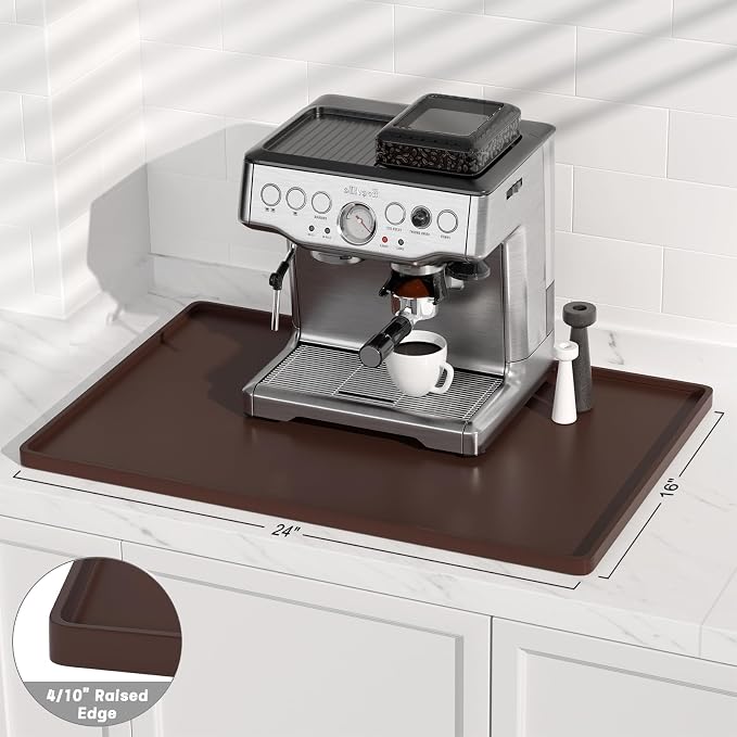 Rnivvi Silicone Coffee Mat, 16" x 24" Waterproof Raised Edge Coffee Bar Mats for Espresso Machine Station Accessories, Heat Resistant Dish Drying Pad for Kitchen Counter, Rubber Bar Decor Pad, Brown