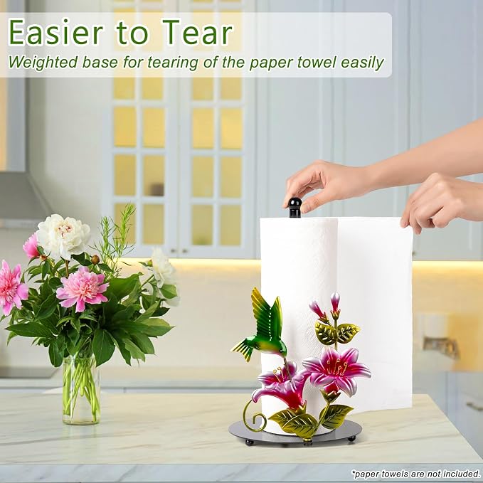 Flower & Hummingbird Paper Towel Holder Countertop for Kitchen | Decorative Farmhouse Kitchen Accessory, Hummingbird Housewarming Gifts for Women Mom bird lovers, Handmade with Weighted Base