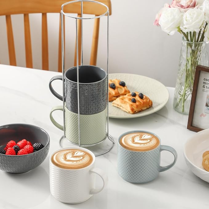 HASENSE Coffee Mugs with Metal Stand,15 oz Ceramic Stackable Mug Set Embossed Latte Cup, Ceramic Coffee Cups with Handle for Cappuccino and Tea, Multi Color