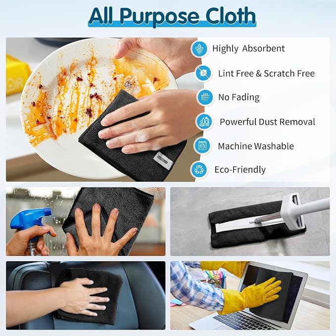 Black Microfiber Cleaning Cloth -Pack of 24, Highly Absorbent Cleaning Rags, 16"X12" All Purpose Cleaning Towels for Housekeeping, Kitchen, Car, Lint Free and Reusable Microfiber Towels