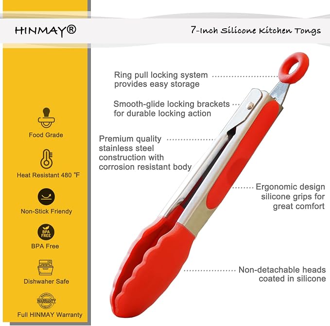 HINMAY Mini Tongs with Silicone Tips 7-Inch Serving Tongs, Set of 3 (Red Blue Green)