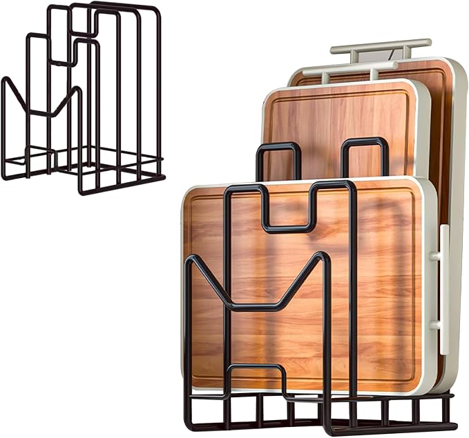 Multifunctional Cutting Board Organizer, Cutting Board Holder Rack Baking Cookie Pan Sheets Cooling Racks Storage Stand for Kitchen Cabinet -Divided Holder with 4 Slots (1PS Black)
