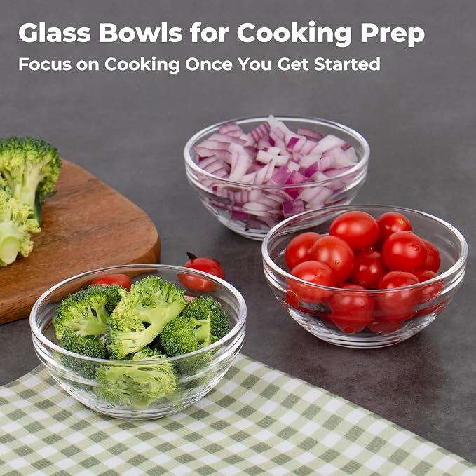 8.5 oz Clear Glass Bowl, Small Prep Bowls for Prepping Ingredients, Dishwasher and Microwave Safe, Stackable, Set of 6