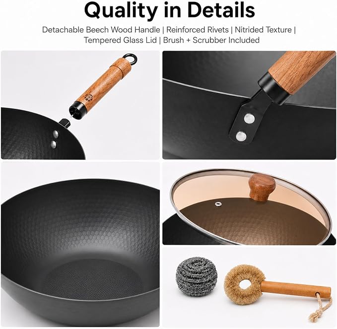 WANGYUANJI Carbon Steel Wok Pan with Lid, 12.6 Inch Flat Bottom Wok for Induction, Gas & Electric Stoves, Chinese Stir Fry Pan with Detachable Wooden Handle