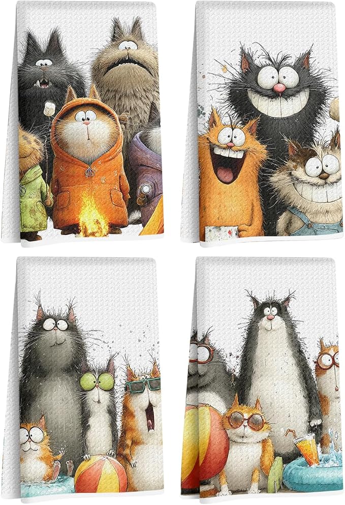 4 Pcs Cute Cat Kitchen Towels, Funny Cats Gifts Absorbent Hand Towels-06 | Cat Dish Cloths for Drying Dishes, Cats Waffle Dish Towels for Kitchen Home Bathroom Decor, Cat Lover Gifts for Women Mom
