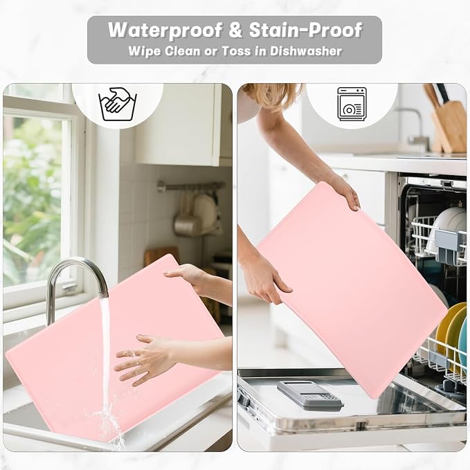 Rnivvi Silicone Coffee Mat, 16" x 24" Waterproof Raised Edge Coffee Bar Mats for Espresso Machine Station Accessories, Heat Resistant Dish Drying Pad for Kitchen Counter, Rubber Bar Decor Pad, Pink