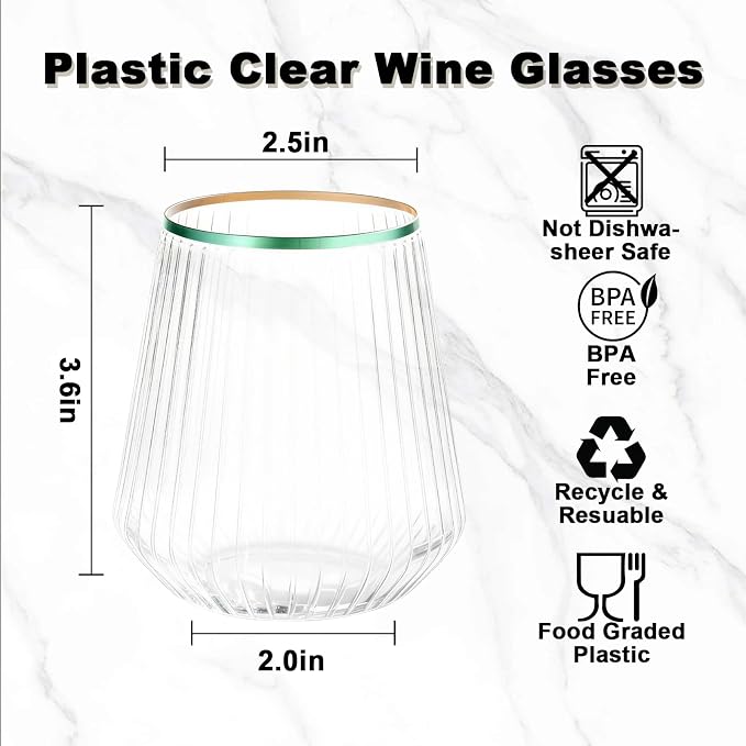 BESTSTAR 36 Pcs 12 oz Plastic Clear Green Rim Ribbed Wine Glasses | Origami Ripple Disposable Champagne Glasses Elegant Whiskey Glasses Ideal for Weddings,Bars,Christmas, Pool Party, Daily Use