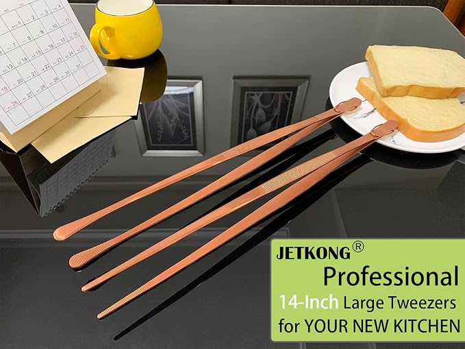 JETKONG 2 Pcs 14-Inch Kitchen Tweezers Extra Long Cooking Tweezer Tongs Stainless Steel Long Food Tweezers (Rose Gold)