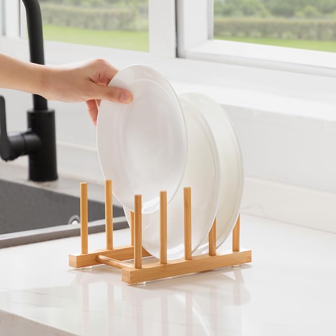 Bamboo Dish Drying Rack for Kitchen Counter & Cabinet (4 Slots) | Detachable Dish/Book/Plate/Bowl/Cup/Cutting Board/Pot Lid Organizer for Kitchen, Living Room, Study, Display Cabinet