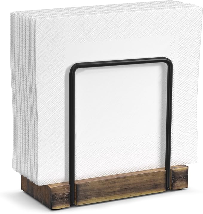 Wican Napkin Holder for Table, Wood Iron Standing Napkin Dispenser | Dining Table Farmhouse Cocktail Picnic Rustic Wooden Holders, Suitable All Kitchen Dining Room Decor, Black & Farmhouse Brown