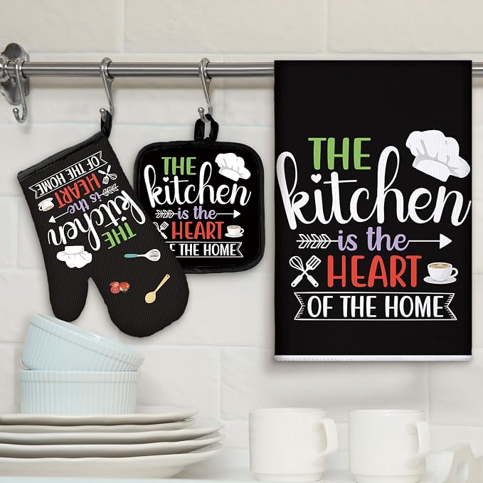 Sratte 6 Pcs Kitchen Decor Accessories Set, Kitchen, Black Color | Farmhouse Kitchen Towels Pot Holders Oven Mitts Set 2 Dish Towels 2 Potholders 2 Cooking Mittens for Baking Cooking Supply