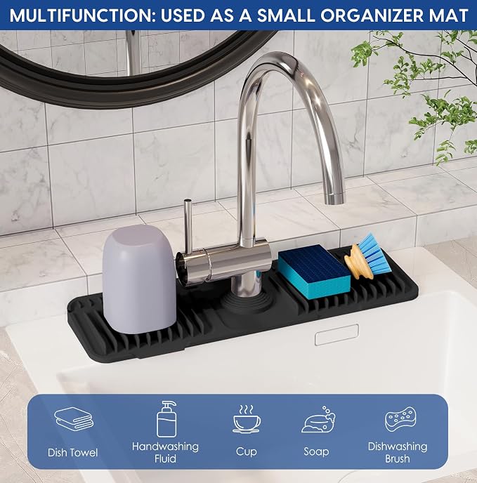 17.7-Inch Silicone Faucet Mat for Kitchen Sink Splash Guard, 7° Slope | 17.7"x5.5" water draining mat with fasten button; 1.6-2.75" customizable hole for bathroom, RV & kitchen sink drip catcher.