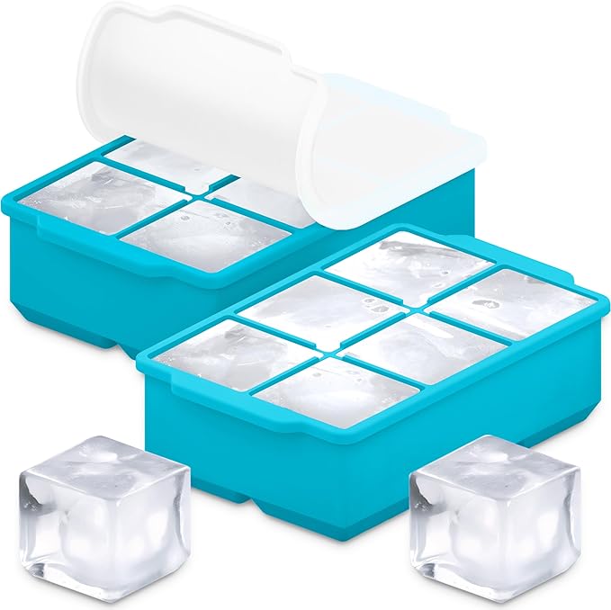 KitchFort® Large Silicone Ice Cube Tray (2-Pack) - 2" Big Ice Mold with Lid | Easy Release, Cocktail, Whiskey Ice Cubes Mold - Food Grade - Ice Cube Trays for Freezer - Stackable Silicone Ice Tray