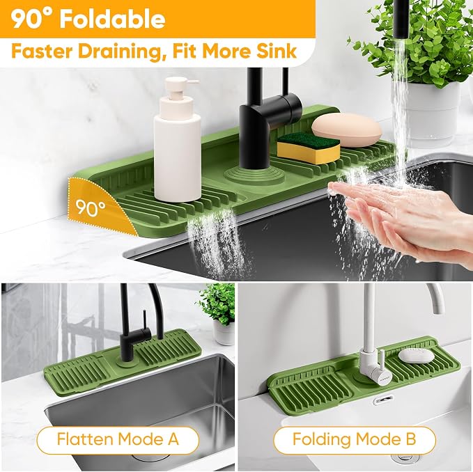 17.7'' Faucet Mat for Kitchen Sink Splash Guard[7° Slope Fast Self-draining][Snap Lock Fit] Folding Kitchen Sink Faucet Mat Splash Guard Kitchen Sink Area Water Splash Guard Behind Faucet Draining Mat