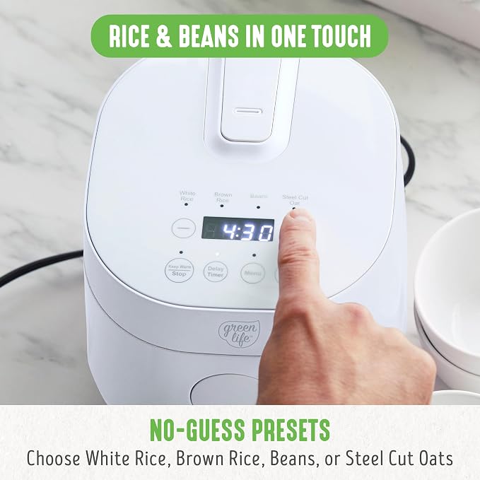 GreenLife Digital Rice & Beans Cooker, 2-Cups Uncooked/4-Cups Cooked, Removable Nonstick Ceramic PFAS-Free Pot, One-Touch Presets, Oats, Quinoa, Brown Rice, Auto Keep Warm, Fuzzy Logic Tech, 1.5 QT, White