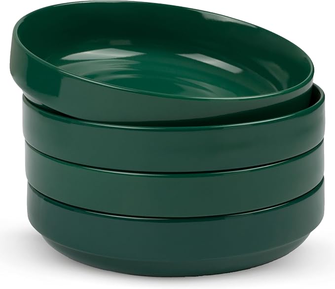 KooK Ceramic Large Pasta Bowls, Microwave and Dishwasher Safe, Great for Soups and Salads, Shallow Serving Bowls, Glossy Porcelain, 47 oz, Set of 4, Hunter Green