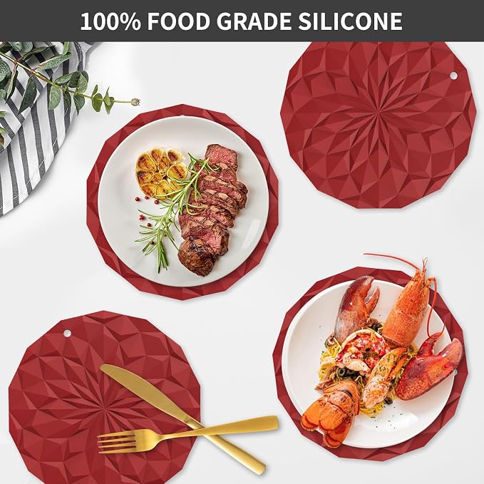 ME.FAN Silicone Trivet Mats - 4 Pack Pot Holders - 7.4'' Thickened Hot Pads for Hot pots, Pans and Dishes, Heat Resistant Silicone Trivet for Table and Counter Top Wine Red