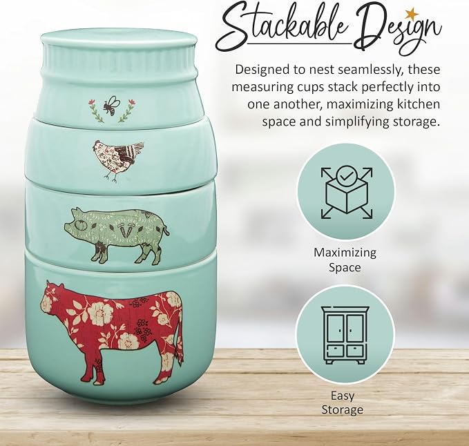 Pavilion Gift Company - 'Live Simply Bee, Chicken, Pig, and Cow' - 4-Piece Stoneware Measuring Cups Set, Sturdy Farmhouse-Style Kitchenware for Home Baking, Cooking, Gifting - Teal, 8 Ounces