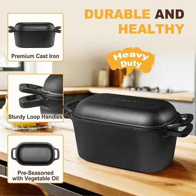 7QT Oval Dutch Oven for Sourdough Bread Baking, Pre-Seasoned Cast Iron Bread Pan with Lid, Even Heat Distribution for Homemade Bread