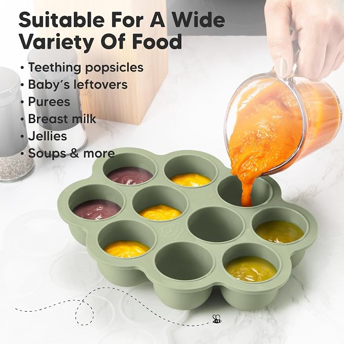 KeaBabies Silicone Food Freezer Trays with Lid, 2oz x 10 Pods (Sage) | Baby Food Storage Containers, Easy Puree Meal Prep, Breast Milk Silicone Freezer Molds, Dishwasher, Microwave Safe, BPA-Free