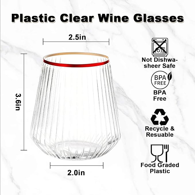 BESTSTAR 36 Pcs 12oz Plastic Clear Red Rim Ribbed Wine Glasses | Origami Ripple Disposable Champagne Glasses Elegant Whiskey Glasses Ideal for Weddings,Bars,Christmas, Pool Party, Daily Use