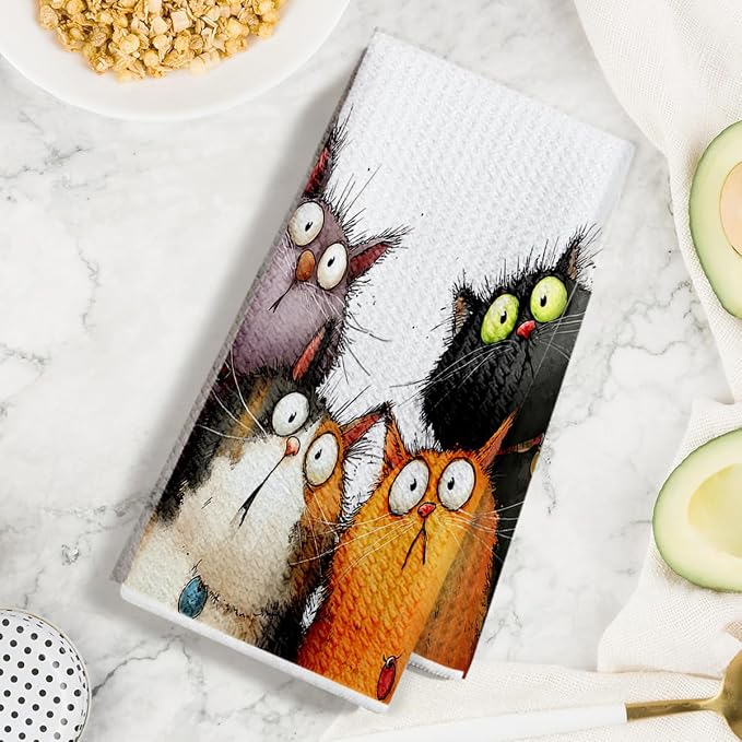 2 Pcs Cute Cat Kitchen Towels, Funny Cats Gifts Absorbent Hand Towels-06 | Cat Dish Cloths for Drying Dishes, Cats Waffle Dish Towels for Kitchen Home Bathroom Decor, Cat Lover Gifts for Women Mom