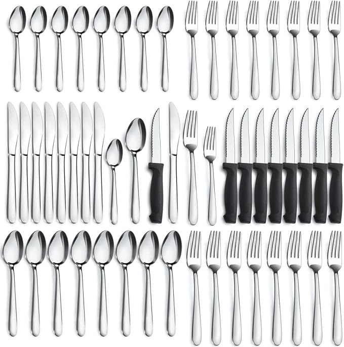 Pleafind 48-Piece Stainless Steel Silverware Set for 8 - Heavy Duty Flatware Set Including Steak Knives, Forks, Spoons and Dinner Knives, Mirror Polished Kitchen Utensils Set, Dishwasher Safe