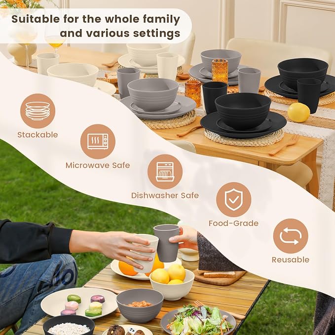 Wheat Straw Plates and Bowls Set, Lightweight & Unbreakable Dinnerware Set for Kitchen, Parties, Holidays, Microwave and Dishwasher Safe Dish Set - Plate Sets, Bowls, Cups, 24pcs (Grey Stone)