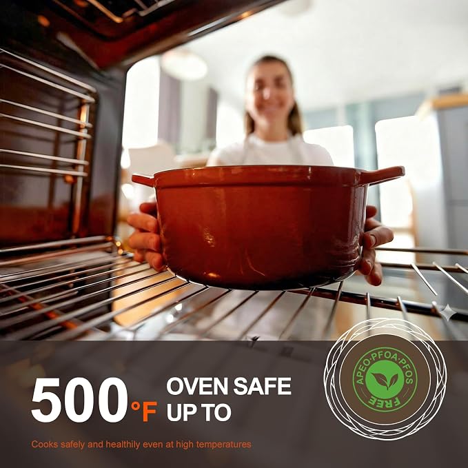 Overmont Enameled Cast Iron Dutch Oven - 5.5QT Pot with Wide Handles Lid Cookbook & Cotton Potholders - Heavy-Duty Pre-Seasoned Cookware Oven Safe to 500°F for Braising, Stews, Roasting, Sourdough Baking