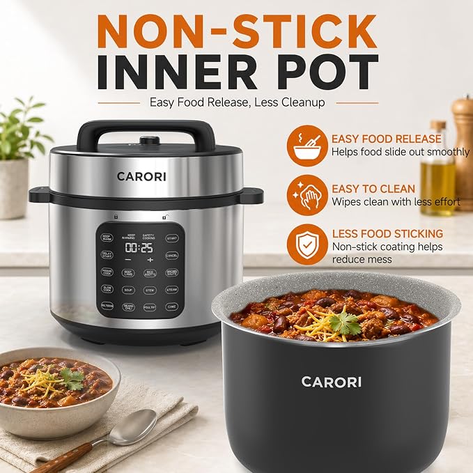 CARORI 8Qt Electric Pressure Cooker, 9-in-1 Multifunction, IMD Touchscreen, Non-Stick Pot. 1200W for Instant Feast. Olla de Presion (Ollas). Safe Venting.Rice,Slow,Steamer, Sauté, Warmer, Silver