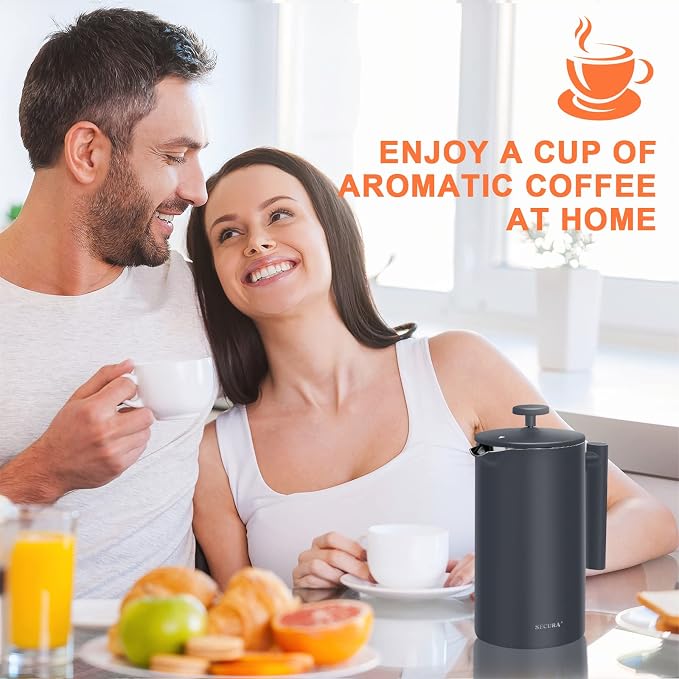 Secura French Press Coffee Maker, 304 Grade Stainless Steel Insulated Coffee Press with 2 Extra Screens, 34oz (1 Litre), Grey