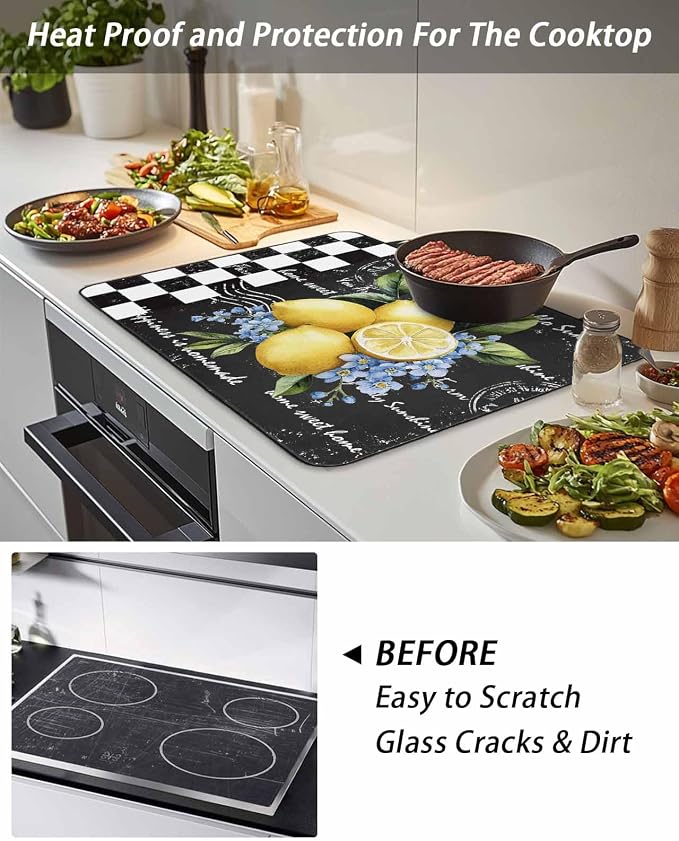 Stove Top Covers for Electric Stove 36x21 Inches, Lemon HeatResistant Glass Cooktop Protector, Spring Summer Black White Checkered Plaid Ceramic Stovetop Countertop Covers Mat, Oven Cover