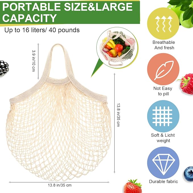 Paterr 80 Pack Cotton Mesh Produce Bags Bulk,Short Handle,Beige | Reusable Mesh Grocery Bags Bulk, Washable Net Market Tote String Shopping Bags, for Vegetable Fruit Beach Picnic Food Storage