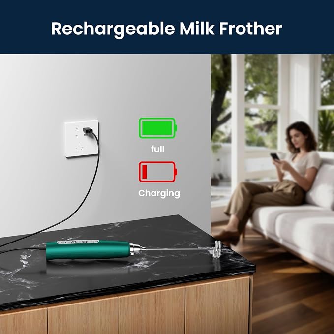 Milk Frother Wand Rechargeable Handheld Electric Whisk 3 Speed Adjustable | Coffee Frother Wand with 3 Stainless Whisks Electric Foam Maker Drink Mixer Blender for Latte Cappuccino Matcha Egg