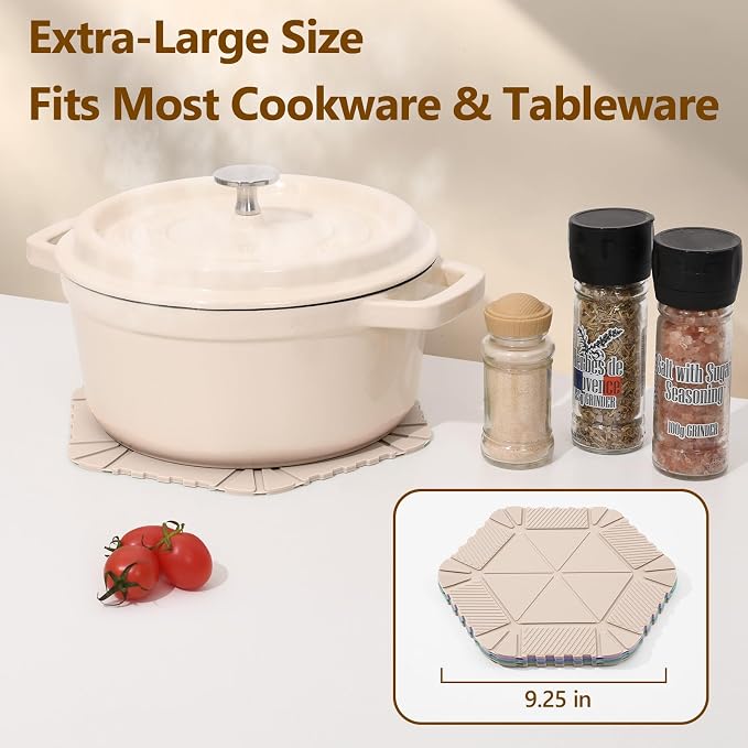 Magnetic Silicone Trivet Mat - Heat Resistant Hot Pad for Hot Dishes, Pots & Pans, Non-Slip Table & Countertop Protector (Beige, Hexagon)