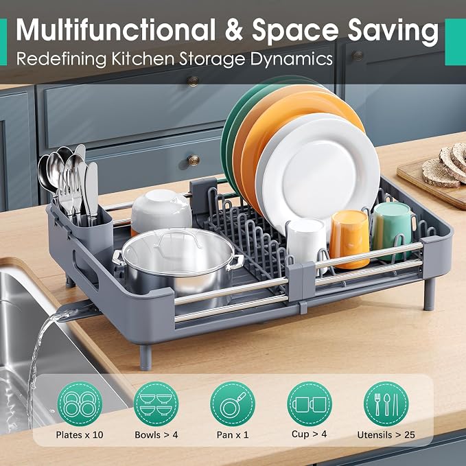 TOOLF Expandable Dish Drying Rack with Cutlery Holder, Standard, Grey | Over or In Sink Stainless Steel Dish Drainers for Compact Kitchen, Space Saving, Fast Drain, Rustproof, For 1-3 people