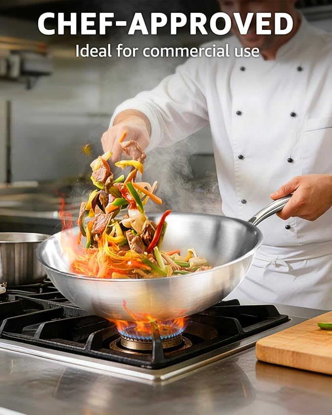 12 Inch Tri-Ply Stainless Steel Wok Pan, Uncoated Wok for Stir Fry | PFOA/PFOS Free, Heavy-Gauge Flat Bottomed Cookware, Suitable for Induction & Electric Stoves, Detachable Handle
