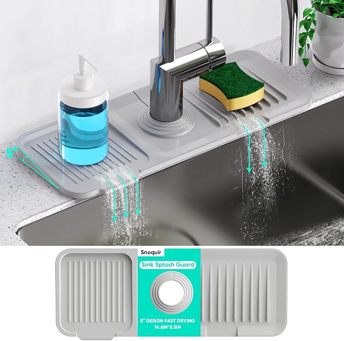 14.6'' Faucet Mat for Kitchen Sink [5°Slope Fast Self-draining] Kitchen Sink Splash Guard Silicone Kitchen Sink Faucet Mat Splash Guard for Kitchen Sink Area Faucet Guard Draining Mat Light Gray