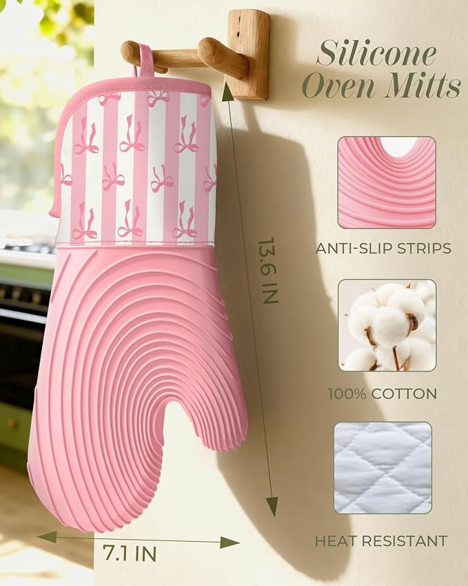 Slohif Long Silicone Oven Mitts Heat Resistant for Women - 2 Pcs Pink Bow 100% Cotton Oven Gloves, Non-Slip and Waterproof Silicone Oven Mitts with Hanger for Baking and Cooking