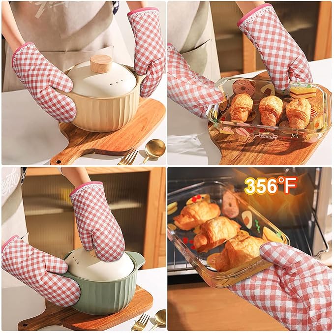 AUAUY Pink Oven Mitts, 1 Pair Kitchen Mittens, 392°F Heat Resistant | Oven Gloves Non-Slip Kitchen Gloves for Oven, BBQ Gloves Oven Mitts Infill Cotton Cooking Gloves for Oven Grilling Baking