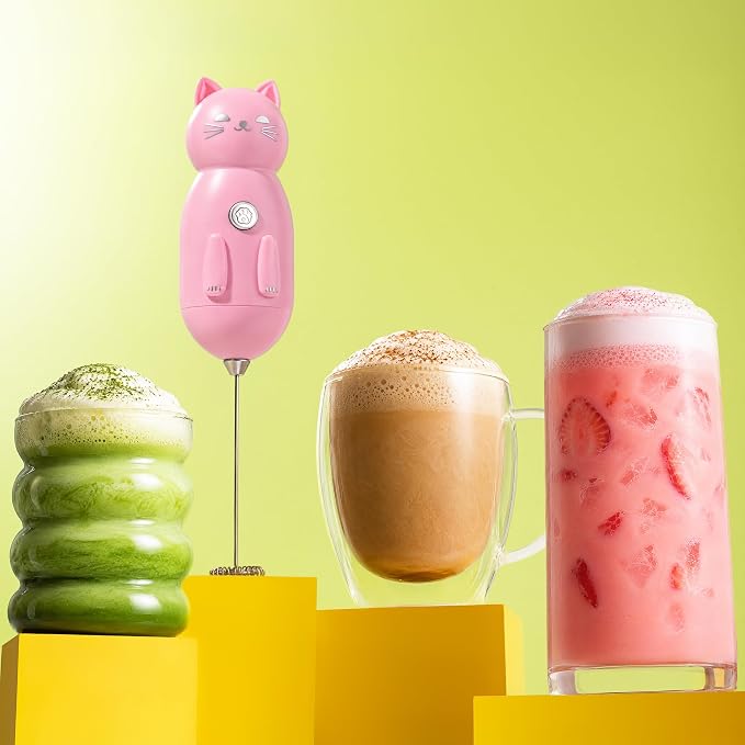 Zulay Kitchen Cat Milk Frother Wand – Cutesy Frother, Meet Your New Frothing Buddy Princess The Cat, Adoption Papers and Stickers Included, Purrr-fect for Lattes, Cappuccino & Matcha – Pink