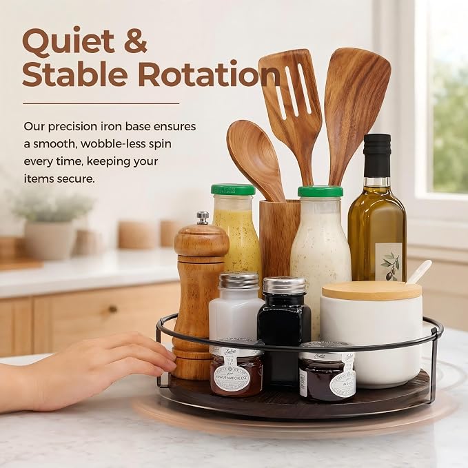 Lazy Susan Turntable Organizer for Table Top 10" （Black） | Round Wooden Lazy Susan for Cabinet, Farmhouse Decorative Tray for Coffee Table, Kitchen Organizer, Center Piece Decor, Ru