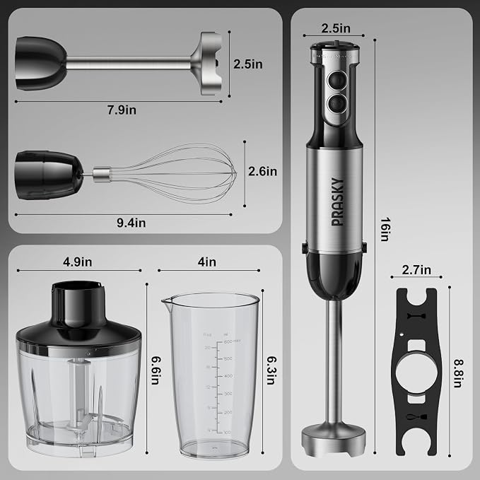 Immersion Blender Handheld 1200W, 20-speeds, 5-in-1 Handheld Mixer | Mining Beaker,Chopper,Whisk, Frother and Stick Blender Suitable for Kitchen, Protein Shakes and Baby Food - Silver