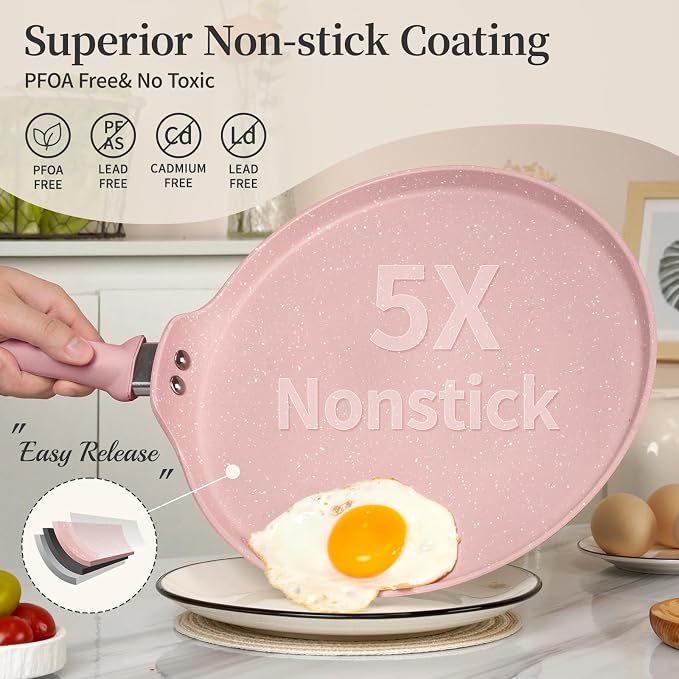 Innerwell 10 Inch Nonstick Crepe Pan,Granite Coated Pancake Pan-Pink | Granite nonstick coating, PFOA-free. Works on gas, electric, ceramic & induction. Easy-release & easy-clean.