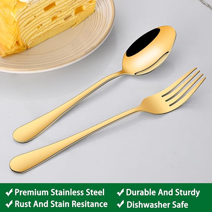 6.7 Inch Salad Forks And Teaspoon Set of 16, Gold Stainless Steel Forks And Spoons Silverware Set, Metal Small Spoon And Fork Set
