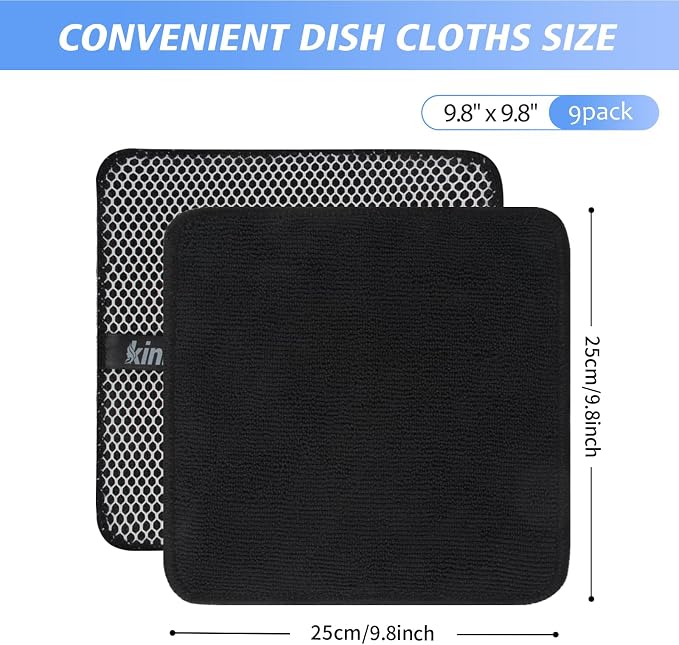 Dish Cloths for Washing Dishes with Scrub Side, Microfiber Dish Rags | Dual-sided microfiber dish cloths with scrubber for stuck-on food, quick dry kitchen washcloths 9 Pack, 9" x 9 Inch Black