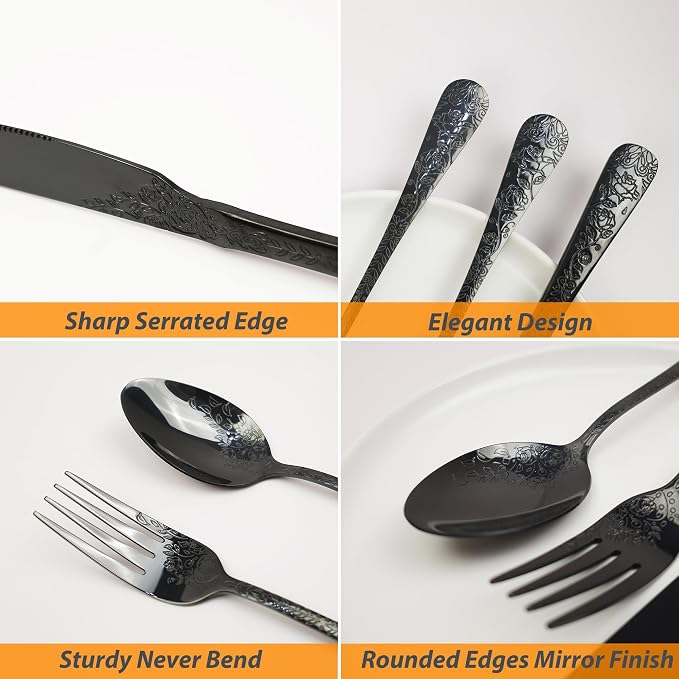 Runfly Modern Carved Floral Black Stainless Steel 20-Piece Flatware Set | Silverware Set, Vintage Utensil Set, Cutlery Set for Home and Kitchen, with Knife/Fork/Spoon