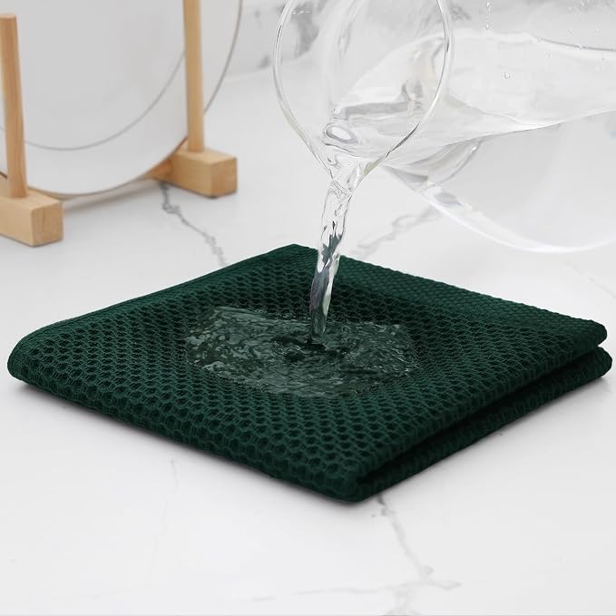 Kitinjoy Cotton Waffle 6-Pack Kitchen Towels, 12" x 12", Blackish Green | Ultra Absorbent, Super Soft, lightweight, Quick Drying Dish Rags for Washing Dishes