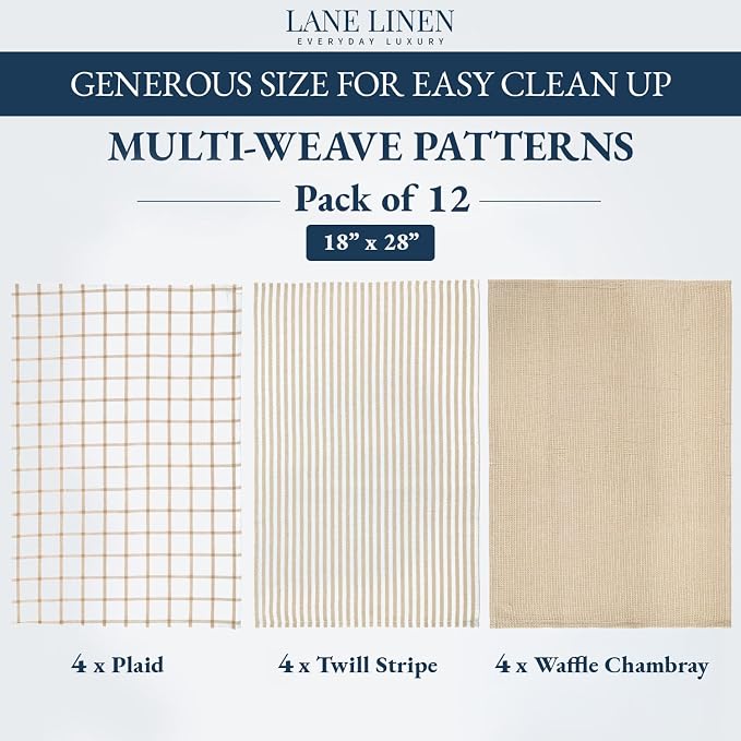 LANE LINEN Kitchen Towels & Dishcloths Set of 12-100% Cotton, Quick-Drying 18” x 28” Absorbent Dish & Tea Towels, Soft Hand Towels for Kitchen - Beige